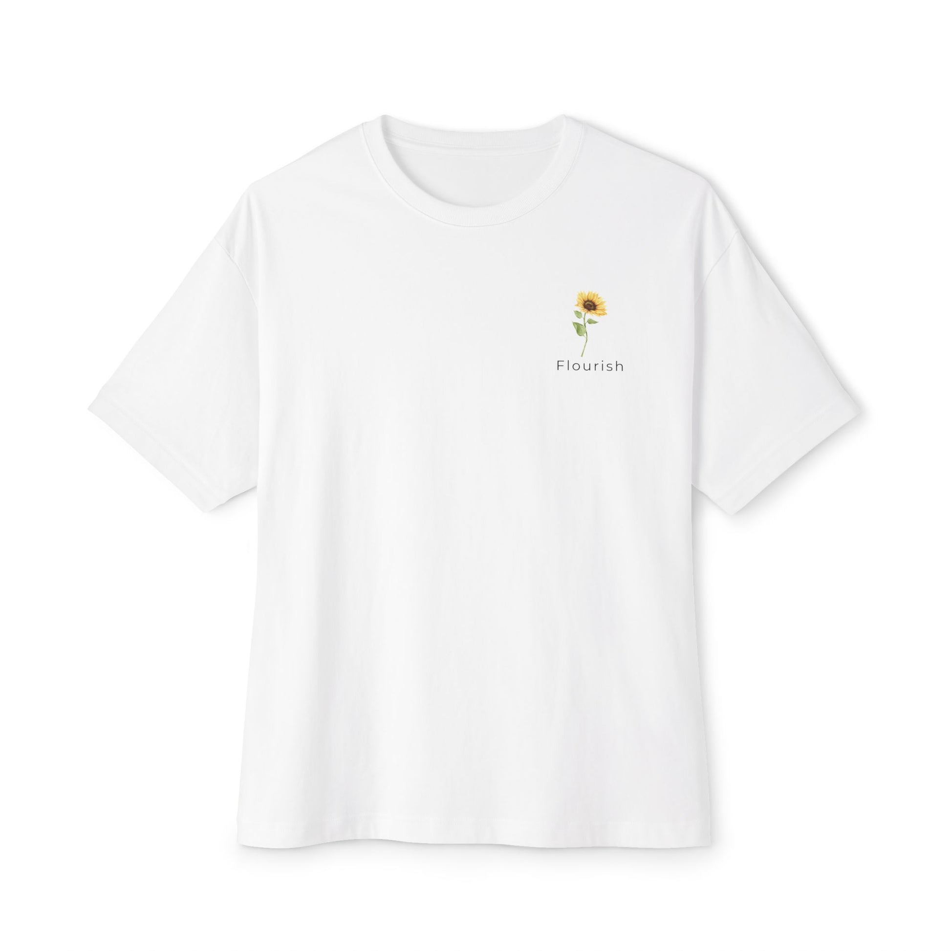 white t-shirt with a small sunflower design and 'Flourish' text underneath on a white background designed by studio hill designs