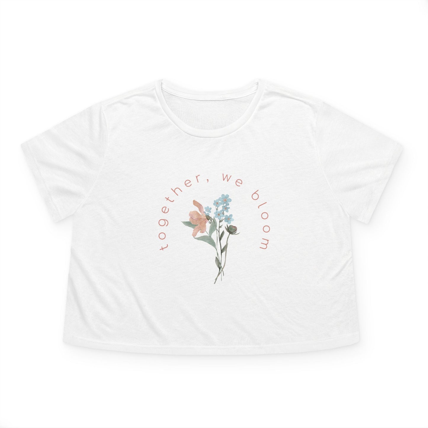 white cropped t-shirt by studio hill designs with floral design and text 'together we bloom'  on a white background
