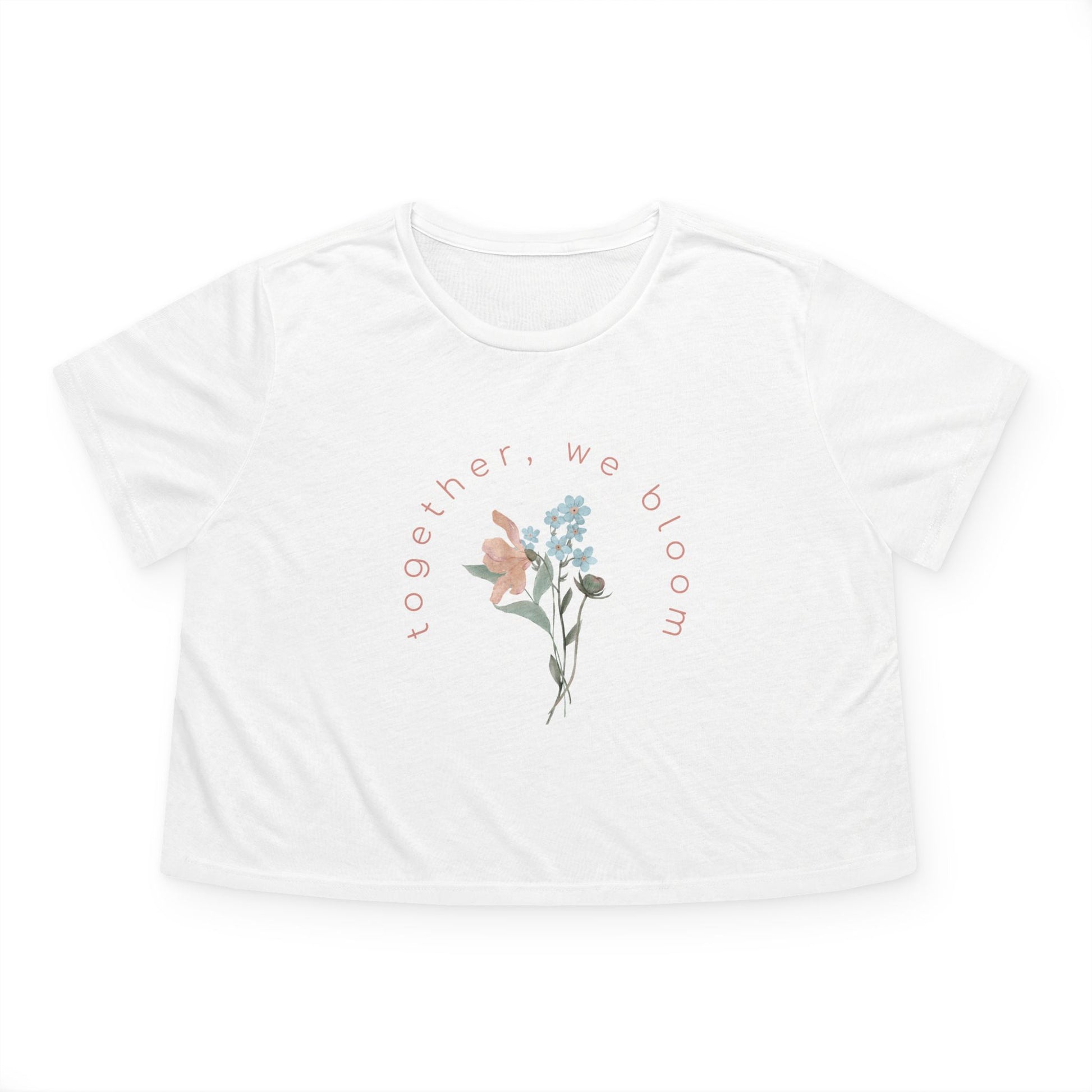 white cropped t-shirt by studio hill designs with floral design and text 'together we bloom'  on a white background
