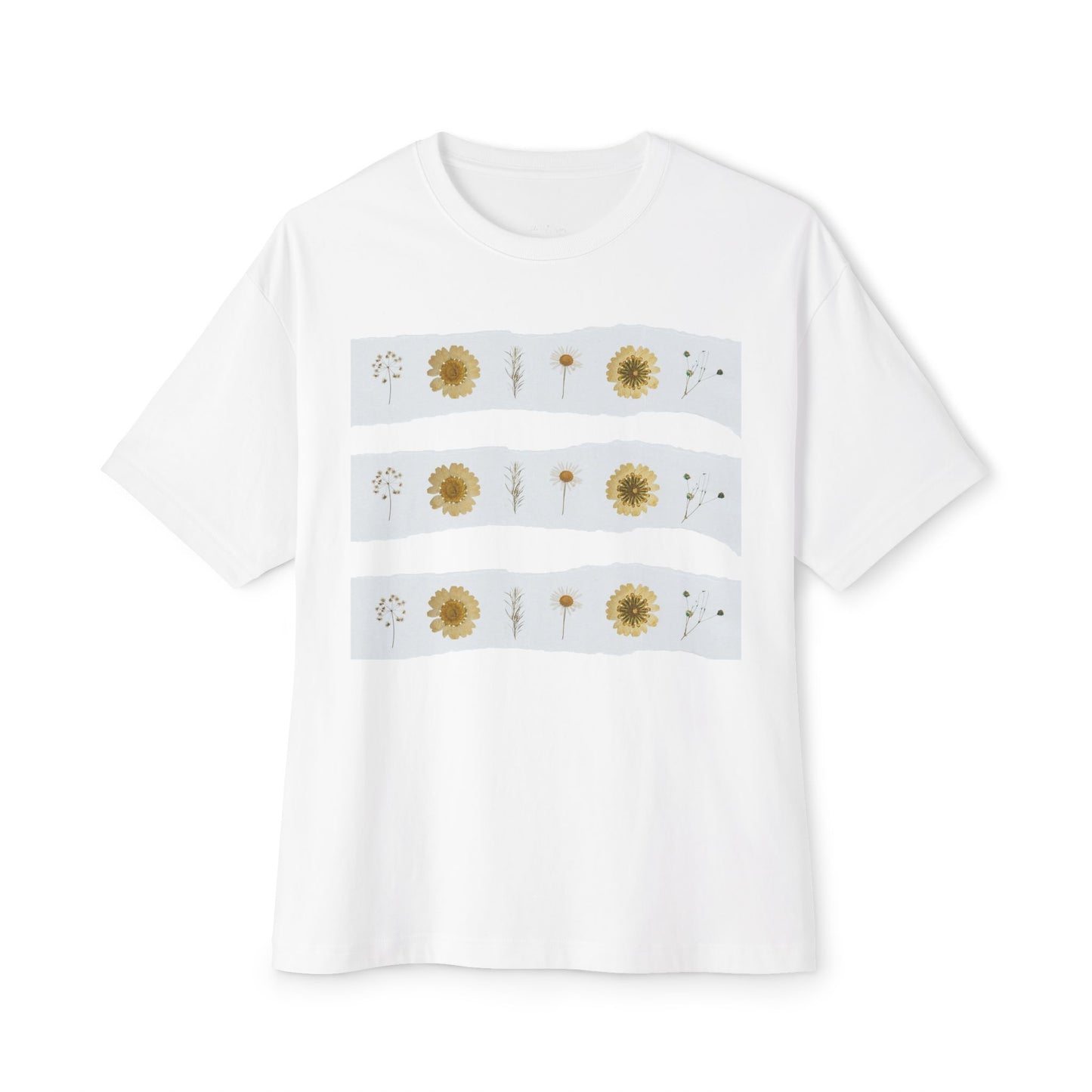White oversized wildflower graphic t-shirt with blue stripes on a white background created by Studio Hill Designs.