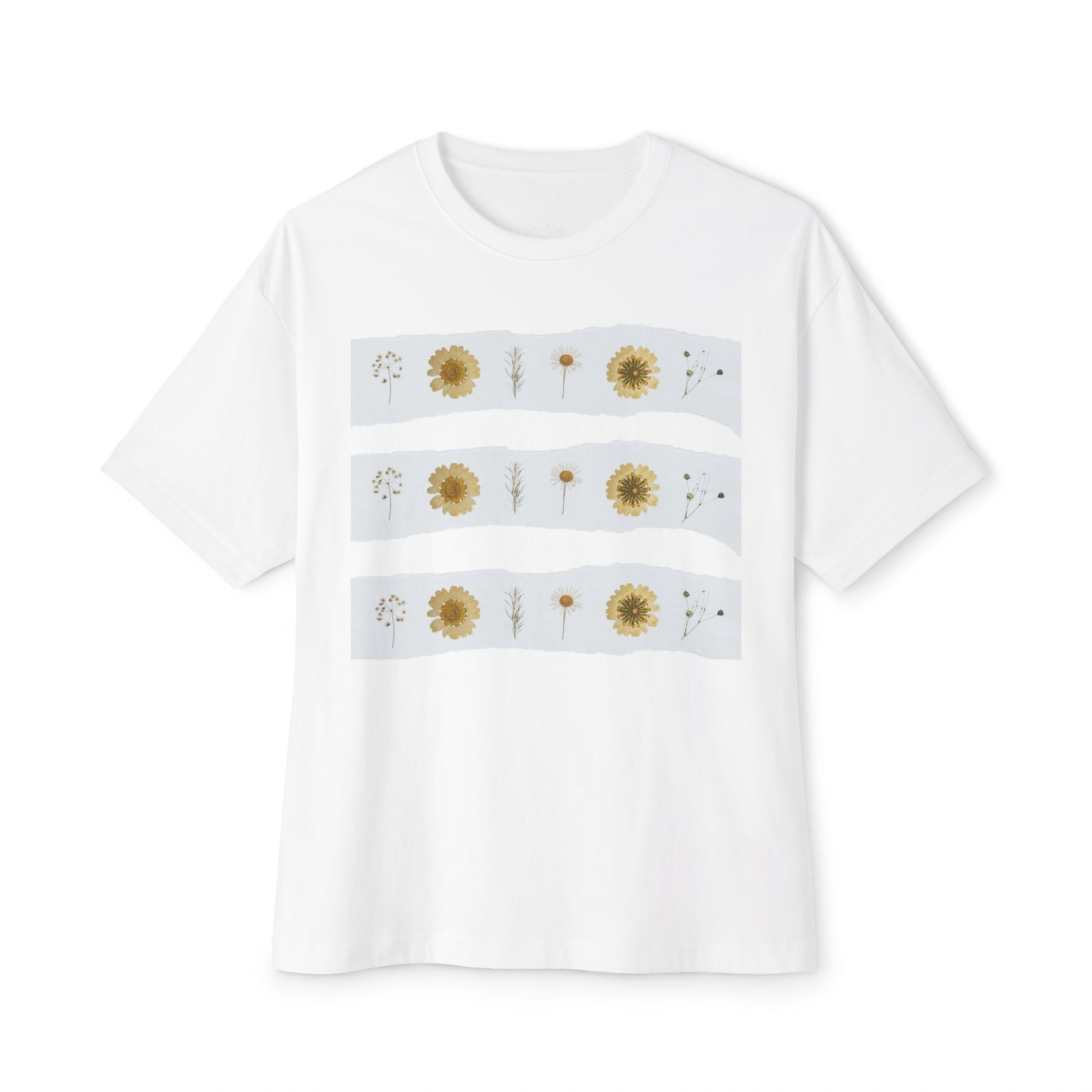 White oversized wildflower graphic t-shirt with blue stripes on a white background created by Studio Hill Designs.